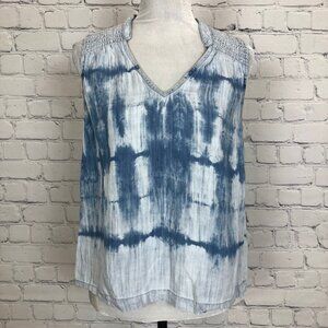 Anthropologie Cloth & Stone Tie Dye Chambray Smocked Top Size XS Blue